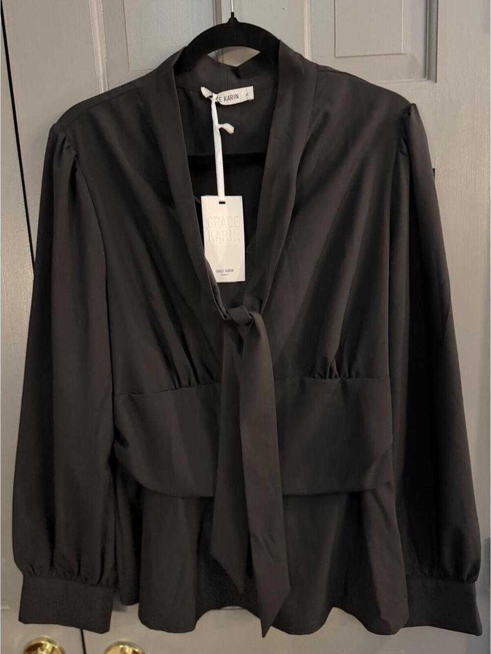Grace Karin Black Long Sleeve Tie Waist Blouse NWT